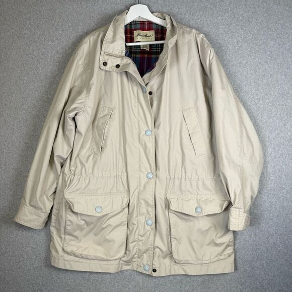 Eddie Bauer Womens Size Large Wool Blend Coat Tan Lined Snap Front Pockets - Picture 1 of 7